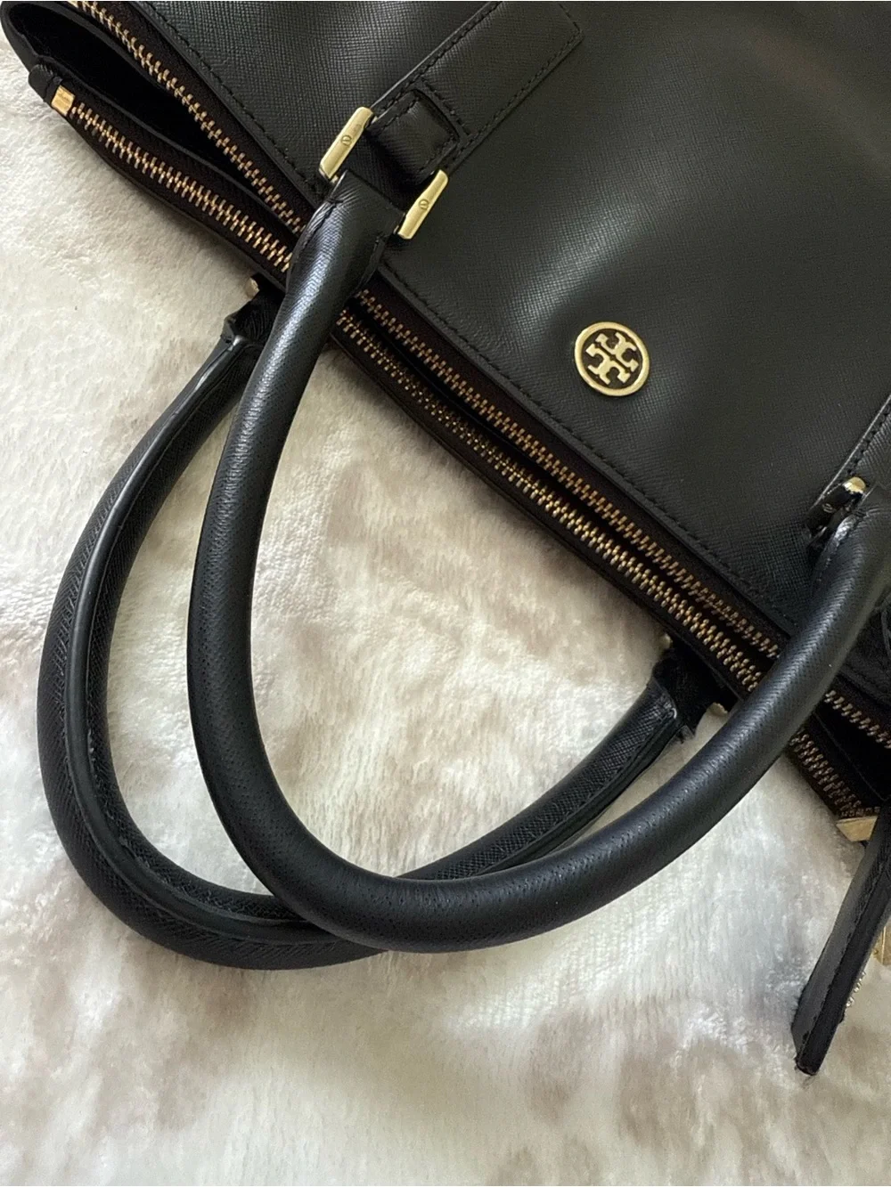 Tory Burch Robinson Double Zip Tote Black Saffiano Leather with Crossbody Strap